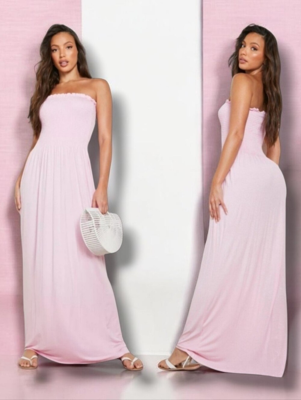 Women's Pink Tall Bandeau Shirred Maxi Dress